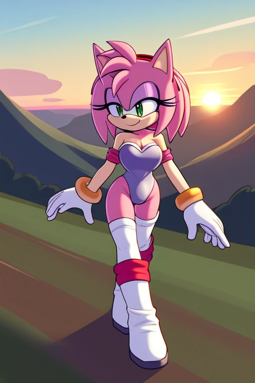 Amy Rose, (Rouge the Bat Cosplay), no wings, 1 girl, solo, smile, green eyes, red hairband, bob hair, sky, outdoors, cloud, pink hair, sunset, bare shoulders, animal nose, black rubber bodysuit, pink heart on chest, cleavage, white gloves, white knee-high boots, valley, walking, arms at sides, 2D flat illustration.