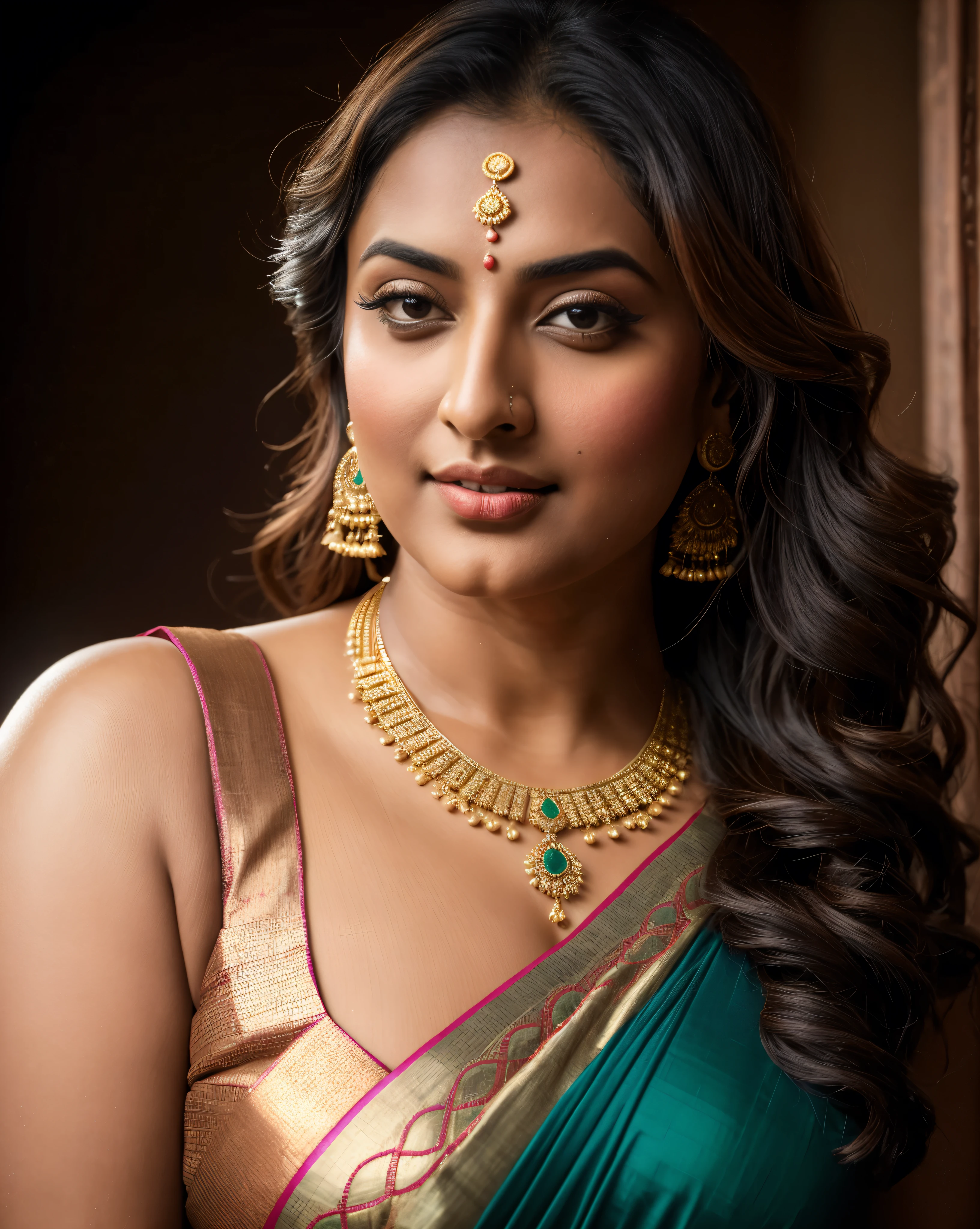 Foto RAW, photorealistic, photography, full body shot, master shot, perfect eyes, goddess like beauty, pierced eyes, perfect thick chubby mallu Desi aunty bhabhi, Wearing a Stanapatta, a chest-band.Saree model, model Photography, Indian saree shoot, Indian traditional wear advertising photography, traditional wear brand shoot, face of Indian actress Sonakshi Sinha, masterpiece, realistic, realism, incredible details, pleasure, photorealism, detailed skin, skin pores, high contrast, photorealistic Artstation 8k HD digital art trend of high definition and detailed realistic skin texture, ultra detail, realistic skin texture, armature, best quality, ultra high definition, (photorealistic:1.4),, high resolution, detail, raw photo, sweat, Re sharp, by Lee Jefferies Nikon D850 Film Stock Photo 4 Kodak Portra 400 Camera F1.6 Lens Rich Color Ultra Real Realistic Realistic Textures Dramatic Lighting Unreal Engine Trending at Art Station Cinestill 800,(pele altamente detalhada: 1.2), 8k UHD, DSLR, soft-lighting, alta qualidade, grain of film, Fujifilm XT3,she didn't like to wear blouse or bra, she is happy to wear only saree, she hates blouse or bra, detailed hairy armpits, hyper realistic skin, skin pores, sweat, veins,