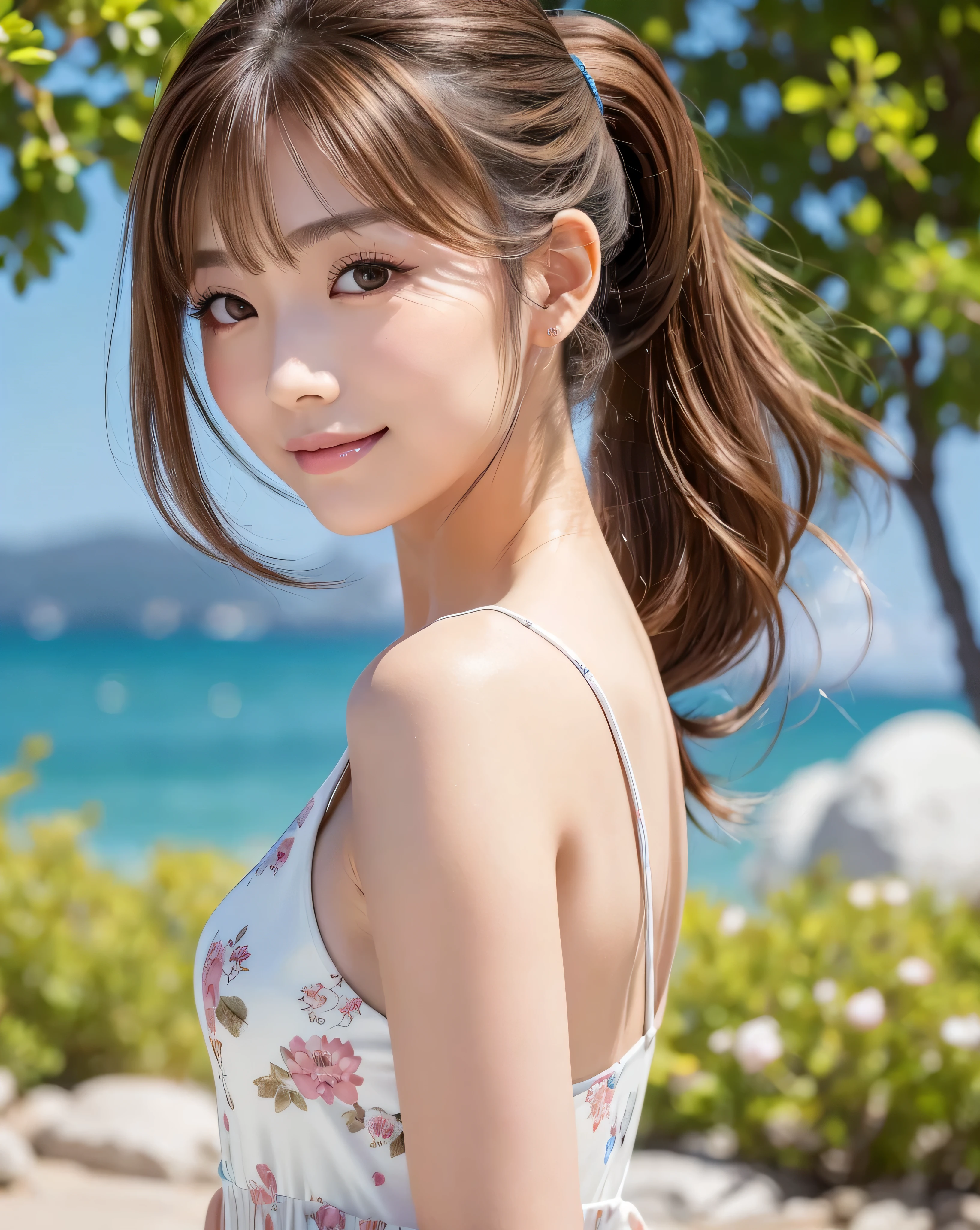 (highest quality, 32k, High resolution, masterpiece:1.5, ), marimo_jet, A swirl of clear air and soft light, A sense of serenity and elusive beauty, Beautiful Japanese Girls, An exceptionally beautiful face, Small Face Beauty, Perfect Human Anatomy, Magical big eyes, Motherhood and generosity, Deep Love, fleeting smile, ((Shiny brown hair:1.3), (Beautiful ponytail)), Asymmetrical bangs, Hair between the eyes, Transparent, soft white skin, Sharp eyebrows, Thin lashes, Natural Makeup, Cheek highlighter, Pale pink detailed lips, , ((Elegant black floral dress)), Beautiful collarbone in high resolution, High resolutionの美しい胸, Slim figure, High resolutionの美しい太もも, ((Spring plateau)), Colorful flowers, Soft sunlight, Beautiful grasslands stretching to the horizon, Sky Blue Sky, Professional Lighting, Professional Photographer, Professional models, Mysterious