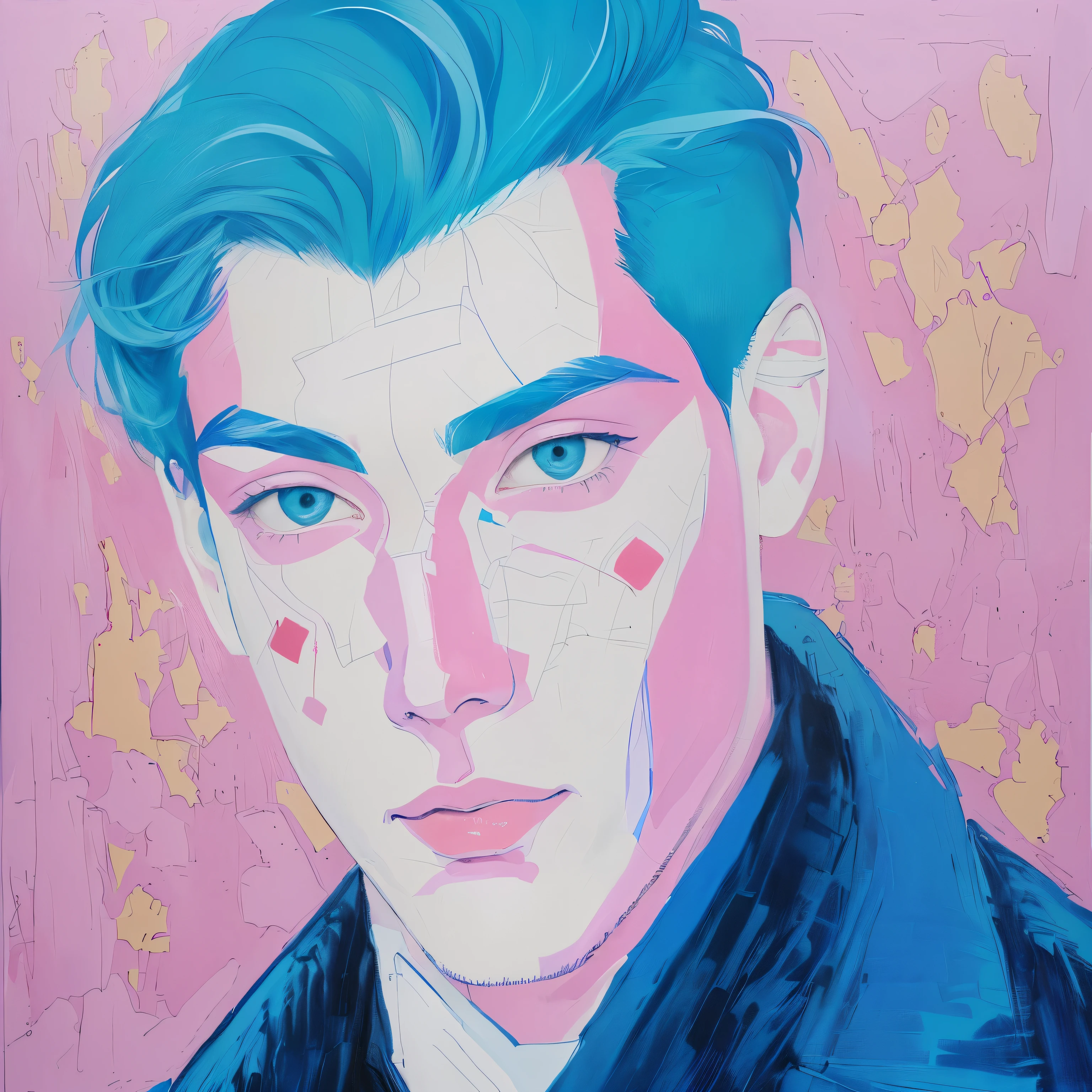 painting of a man with blue hair and a blue jacket, in style of kentaro miura, painting of a man, inspired by Alex Katz, pink face, a pop art painting, by Lee Loughridge, inspired by Louis Anquetin, inspired by Russell Dongjun Lu, inspired by Yanjun Cheng, pop art painting, by Andrée Ruellan