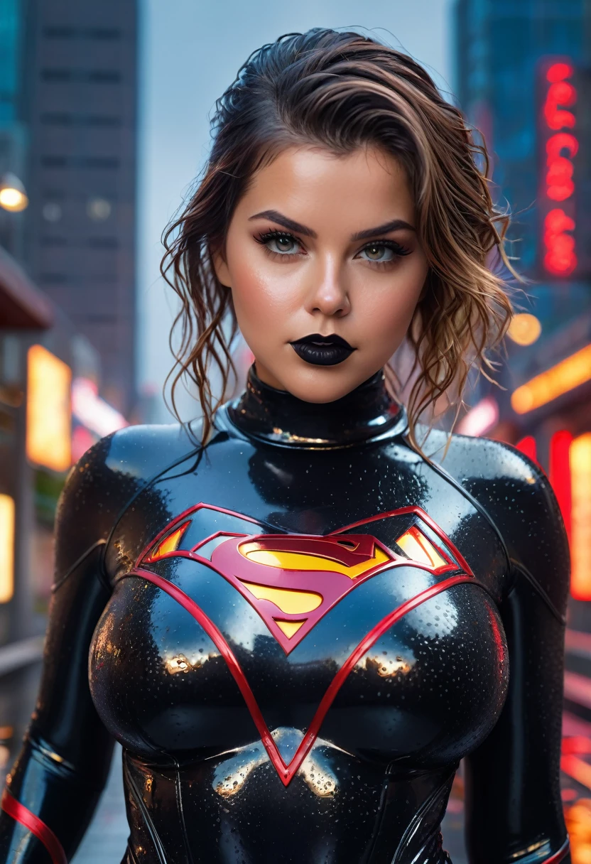 La plantureuse Keisha grey (1girl:1.3), Solo, (((Very detailed face)))), ((Very detailed eyes and face)))), Beautiful detail eyes, Body parts__, Official art, Unified 8k wallpaper, Super detailed, beautiful and beautiful, beautiful, masterpiece, best quality, original, masterpiece, super fine photo, best quality, super high resolution, realistic realism, sunlight, amazing beauty, (((brutal landing pose:1.4))), 1 knees down, I hand down, broken surface around her landing location, ((determinated face:1.2)), (((angry face:1.2)), vibrant eyes, (from the front), She wear a futuristic self-powered superman suit with red neon lights details, black and red color scheme, very detailed city roof background, rooftop, overlooking the city, detailed face, detailed complex busy background, messy, gorgeous, highly detailed skin, realistic skin details, visible pores, clear focus, volumetric fog, 8k uhd, DSLR, high quality, film grain, fair skin, photo realism, lomography, futuristic dystopian megalopolis, ((wet hair)), ((wet skin)),((wet suit)),((wet look)), (((accentuated curvy woman:1.4))), (((huge saggy 44gg tits))), ((black lipstick)), thick eyeshadow, thick eyeliner, NSFW,
