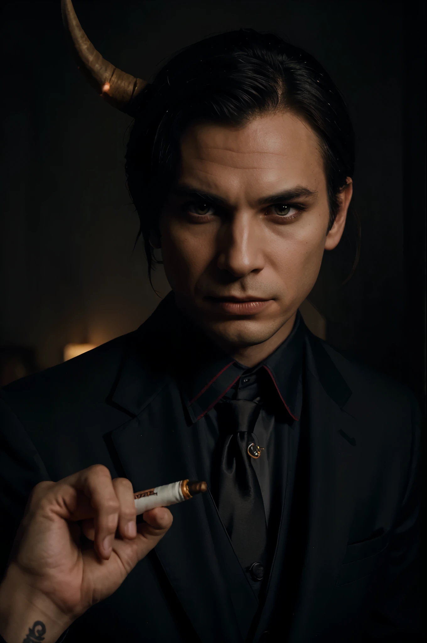 Elegant demon in a suit lights a cigarrette, male, solo portrait, sinister, horns