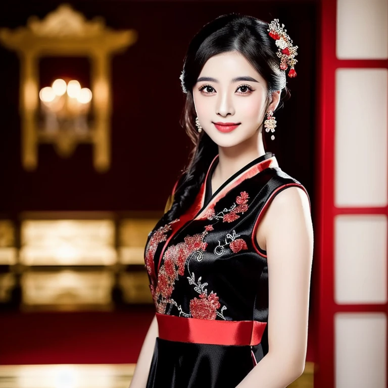 Asian woman, 25 years old, Aarav in a black and red dress poses for a photo., palace , a girl in Hanfu, Chinese dress, Hanfu, Wearing a black nobleman's dress with legs open, Whole Xianxia, anime cosplay, Zhongli from Genshin Impact, anime girl cosplay, Keqing from Genshin Impact, แรงบันดาลใจจาก Du Qiong, Beautiful Fantasy Empress Take photos with a high quality camera 45,000,000,000 pixels, realistic light colors,