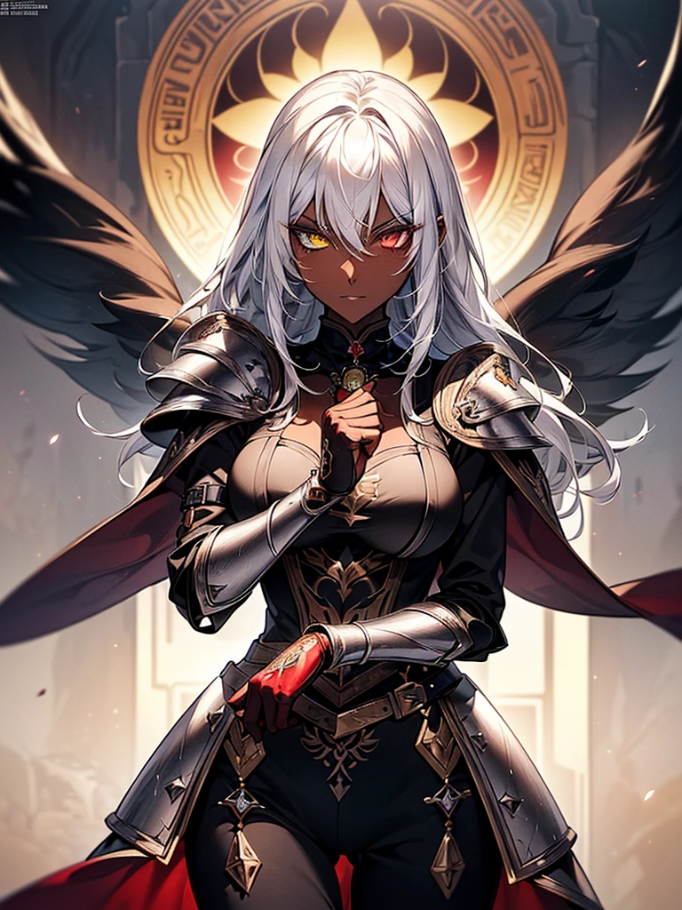 (masterpiece, best quality), (Official art, masterpiece, 8k, ultra-detailed), ultra-detailed, photo of a beautiful 32 year old woman, ((dark skin)), white hair, red and yellow eyes, wearing overalls fair black, with light armor, wearing a magic watch amulet around her neck, large, ultra-detailed breasts, (ultra-detailed face), (1 dark-skinned woman), long, white hair, ((((Heterochromia in the eyes, ultra-detailed red eyes and detailed yellow eyes)))), (very detailed eyes: 1,2), (((ultra-detailed red and yellow eyes))), heterochromia with very well detailed red and yellow eyes, ((gauntlets and boots of high heels)), witch items, ((wearing magic watch amulet)), belts, (ideal body proportion), ((black jumpsuit with light armor)), ultra detailed character, wallpaper, pinterest, Fantasy Art , (Fantasy art), fantasy scene, exterior, (medieval magic village), wallpaper, pinterest, front photo, exterior, cinematic photo, natural light, beach photo, wallpaper wall, pinterest, badass image, photo perfect, volumetric lighting