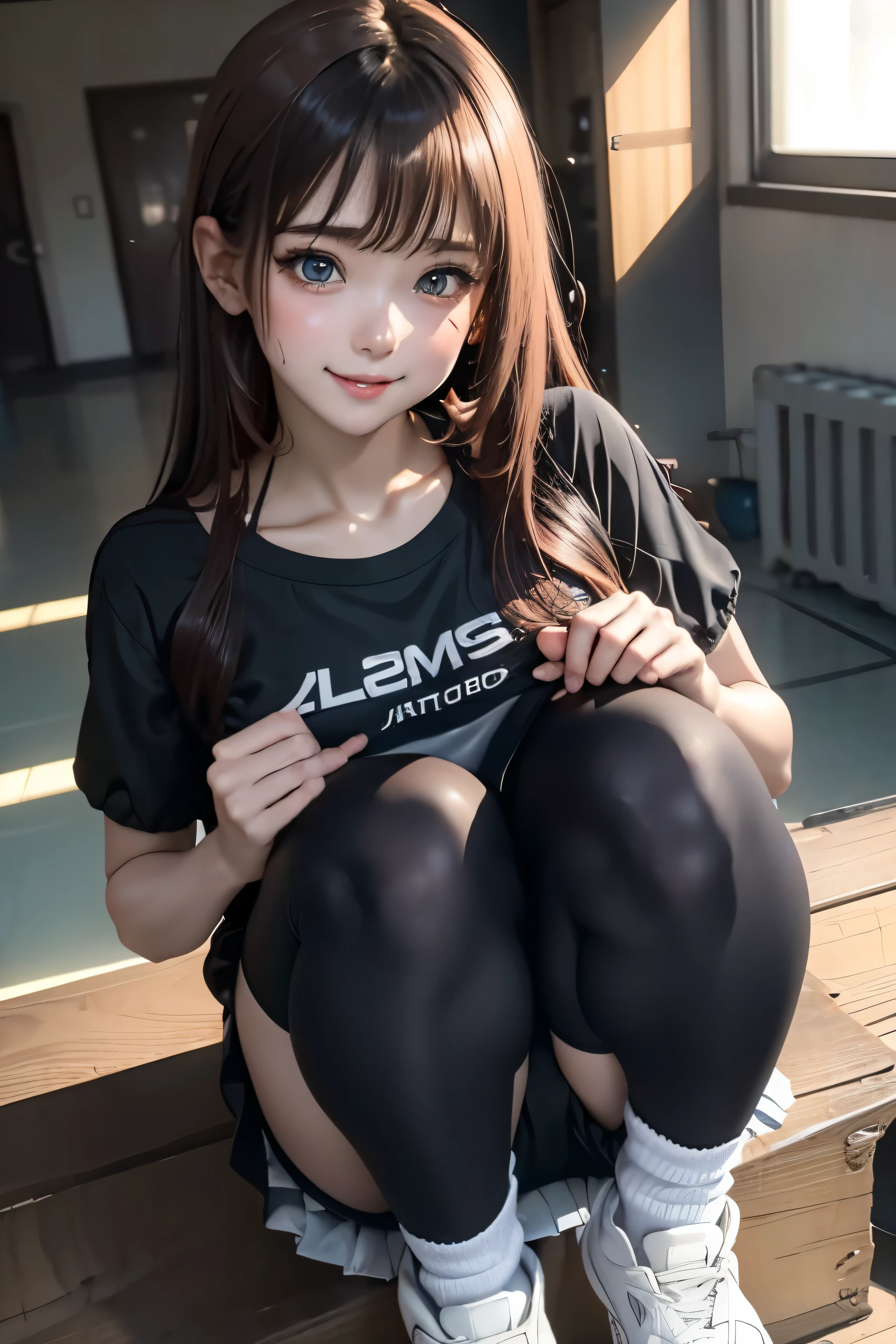 masterpiece, Ultra-fine Illustration, highest quality, Particles of light, Very detailed, 8k wallpaper, (Bright colors:1.2), 22 years old, Shiny skin, smile, A captivating smile, The top is a large black jersey、Black Bloomers、high school girl、Gym suit、Shorts、Super cute、Extremely beautiful、The figure is a little sexy、Knee-high socks、Thigh-high socks、Red sneakers、Brown Hair、chest size small、Sweating profusely all over the body、A lot of sweat and light on the thighs、Shiny thighs、Plenty of sweat glistening on the thighs、A large amount of sweat glistens on my thighs、Sweating profusely、Alluring expression、Dark closed door background、Slender system、Are standing、sit on a vaulting box、night、Are standing、Small breasts、Baggy jersey、slender、