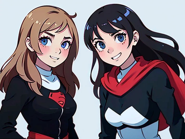 2 girls of the same appearance but opposite characters (heroine and anti-heroine) (modest villainess and cheeky superheroine) in super suits, natural realistic hair colors 