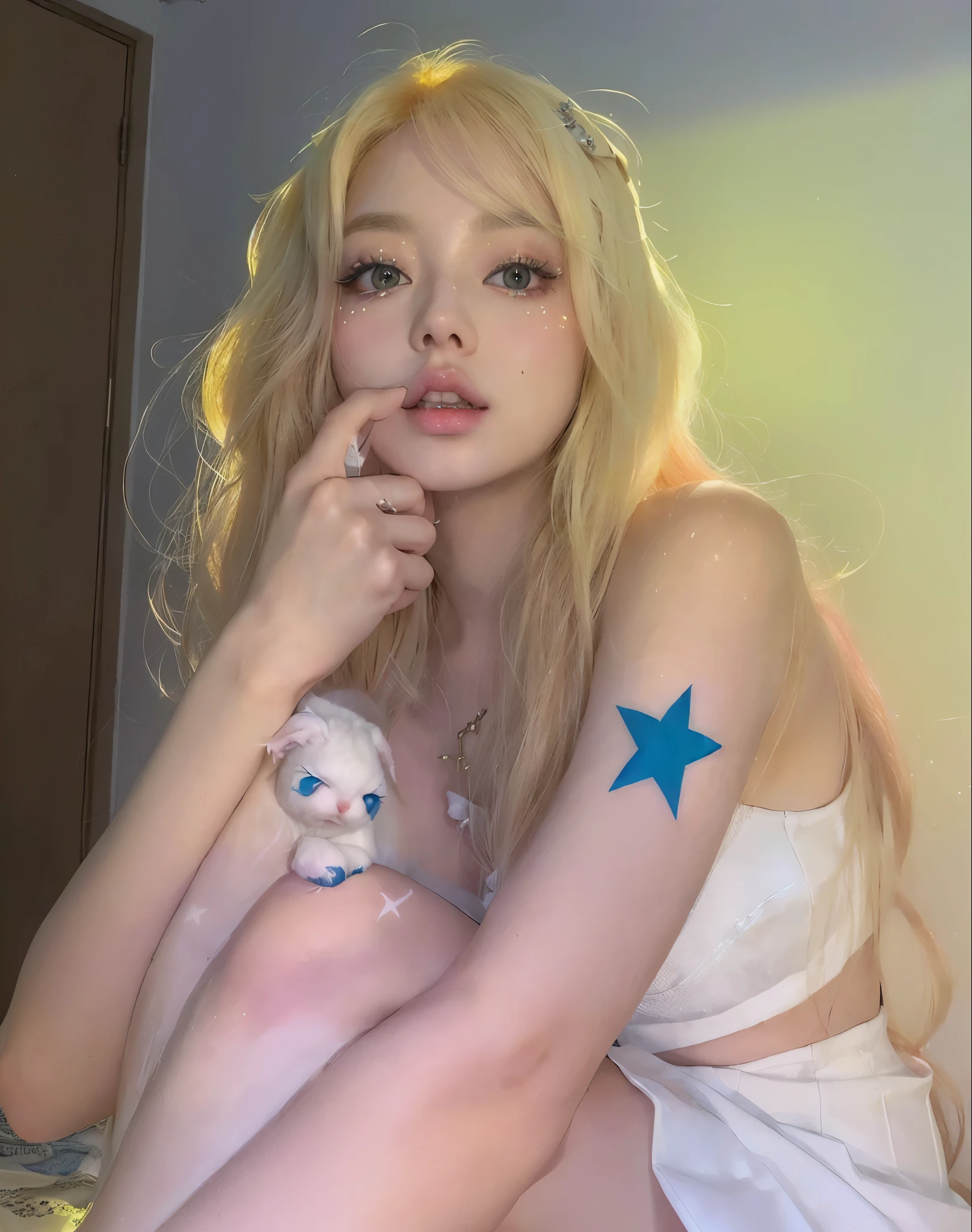 blond woman with blue star on her chest and white dress, portrait of kim petras, anime character; full body art, ava max, with stars, belle delphine, starry tattoos, pale glowing skin, y 2 k cutecore clowncore, anime girl in real life, pale porcelain white skin, ultrarealistic sweet bunny girl, anime woman fullbody art , blackpink jennie , blackpink Lisa , asian famale face , cute girl , Korean famale , Orange hair, orange 