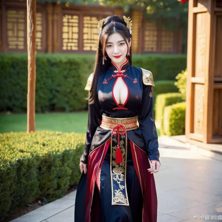 Asian woman, 25 years old, Aarav in a black and red dress poses for a photo., palace , a girl in Hanfu, Chinese dress, Hanfu, Wearing a black nobleman's dress with legs open, Whole Xianxia, anime cosplay, Zhongli from Genshin Impact, anime girl cosplay, Keqing from Genshin Impact, แรงบันดาลใจจาก Du Qiong, Beautiful Fantasy Empress Take photos with a high quality camera 45,000,000,000 pixels, realistic light colors,