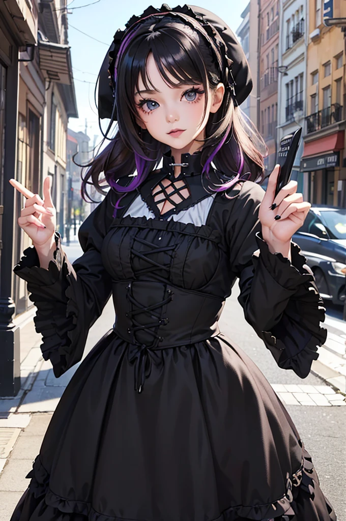 masterpiece, best quality, spring outfit, colorful hair, outdoor, magazine cover ,upper body, 20 year-old girl, Hairstyles), (Black Gothic Lolita:1.5), Fashion Model Style, 