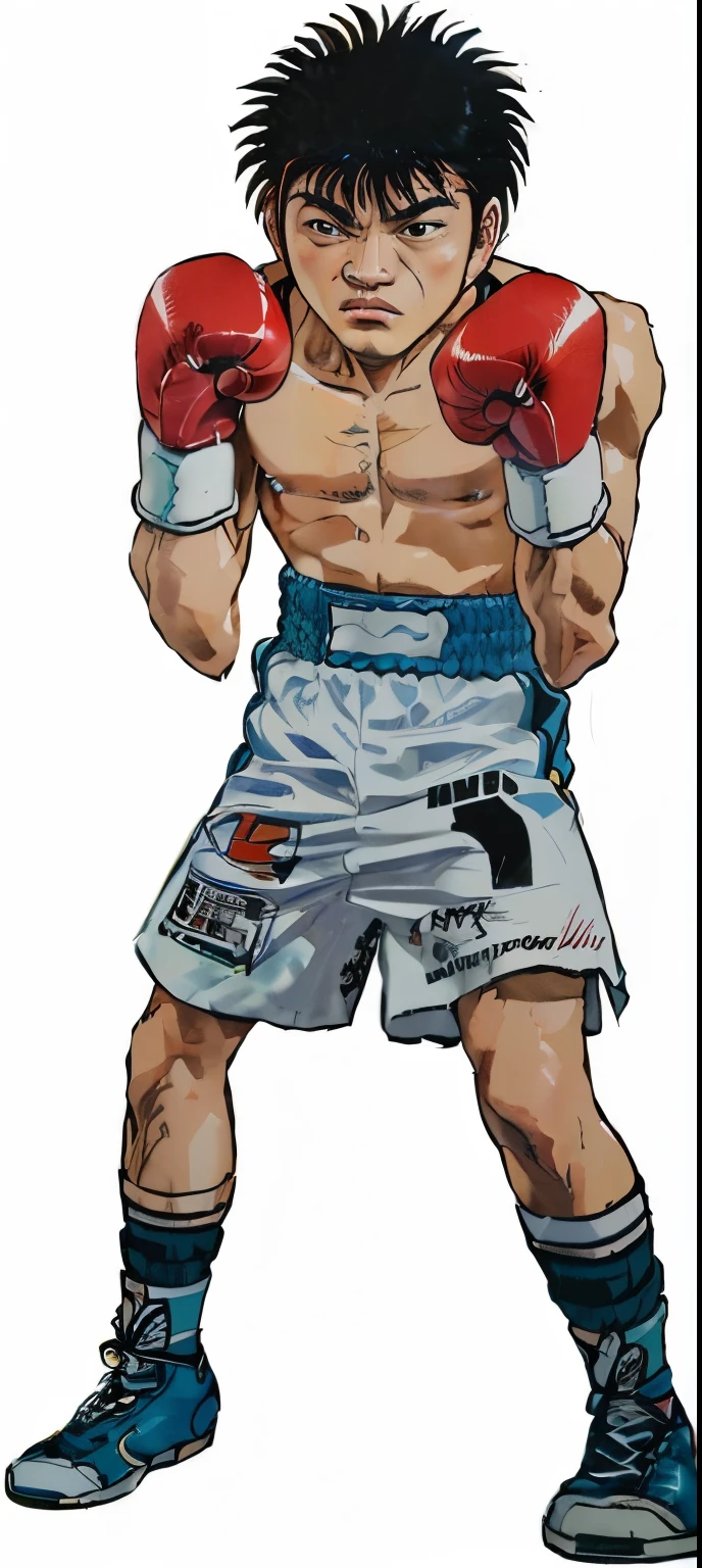 a close up of a cartoon character with boxing gloves, hajime no ippo manga inspired, boxer, kickboxer fighter, boxing stance, kickboxing, inspired by Inoue Naohisa, hand painted style, art jiro matsumoto, mma southpaw stance, inspired by Urakusai Nagahide, baki style, inspired by Junpei Satoh