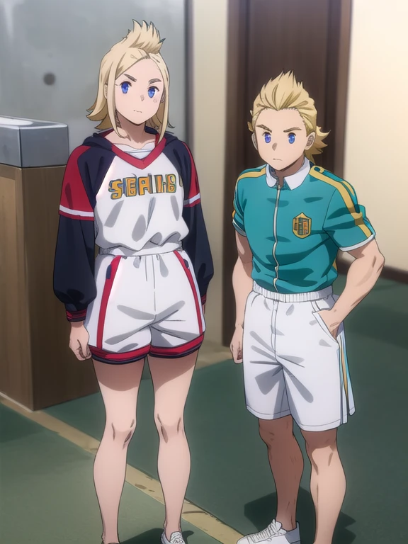 mirio, mirio, cabello corto, pelo rubio, pelo de punta,
ROMPER jacket, pantalones, scar, mangas enrolladas, chaqueta deportiva, traje deportivo, track pantalones, scar on arm,
ROMPER looking at viewer, parte superior del cuerpo,
ROMPER indoors, aula,
ROMPER (obra maestra:1.2), mejor calidad, high resolution, fondo de pantalla de unidad 8k, (ILLUSTRATION:0.8), (Hermosos ojos detallados:1.6), cara extremadamente detallada, perfect lighting, CG extremadamente detallado, (manos perfectas, perfect anatomy),