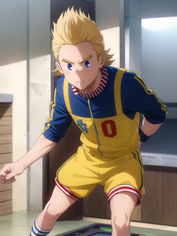 mirio, mirio, cabello corto, pelo rubio, pelo de punta,
ROMPER jacket, pantalones, scar, mangas enrolladas, chaqueta deportiva, traje deportivo, track pantalones, scar on arm,
ROMPER looking at viewer, parte superior del cuerpo,
ROMPER indoors, aula,
ROMPER (obra maestra:1.2), mejor calidad, high resolution, fondo de pantalla de unidad 8k, (ILLUSTRATION:0.8), (Hermosos ojos detallados:1.6), cara extremadamente detallada, perfect lighting, CG extremadamente detallado, (manos perfectas, perfect anatomy),