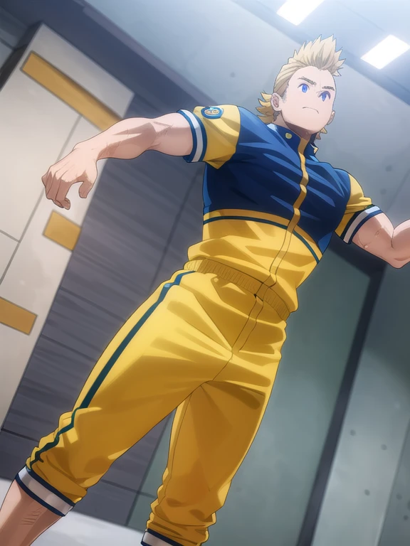 mirio, mirio, cabello corto, pelo rubio, pelo de punta,
ROMPER jacket, pantalones, scar, mangas enrolladas, chaqueta deportiva, traje deportivo, track pantalones, scar on arm,
ROMPER looking at viewer, parte superior del cuerpo,
ROMPER indoors, aula,
ROMPER (obra maestra:1.2), mejor calidad, high resolution, fondo de pantalla de unidad 8k, (ILLUSTRATION:0.8), (Hermosos ojos detallados:1.6), cara extremadamente detallada, perfect lighting, CG extremadamente detallado, (manos perfectas, perfect anatomy),