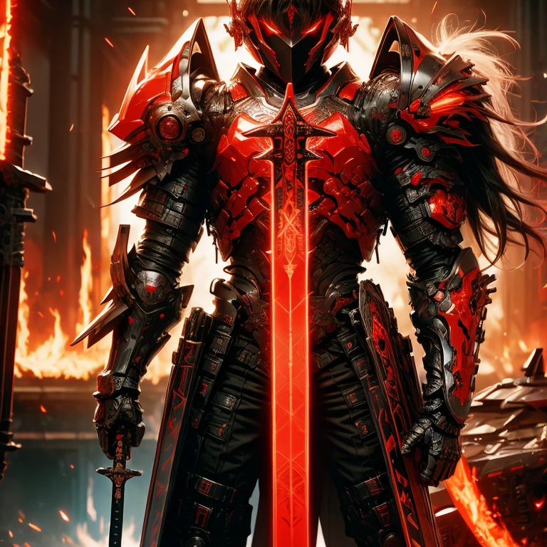 (masterpiece, best quality:1.2), a subject, A warrior in armour techno fantasy style, holy sword,(technological aggressive design), cyberpunk, 4K, UHD, (Photorealistic:1.4),Ultra high resolution, masterpiece, ultra realistic, ultra nitide, insane details, red and black color, (fire themed), ((face open discovery)), handling a red technofantasy decoured katana