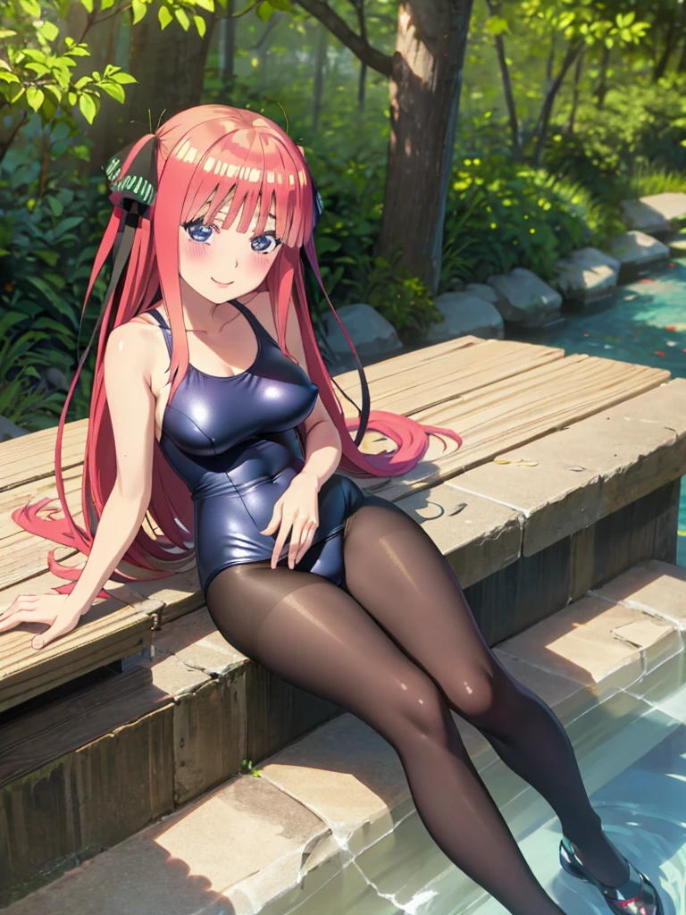 best quality, ultra-detailed masterpiece, nsfw, nino nakano, one-piece swimsuit, breasts, pantyhose, blush, smile, terrace, forest