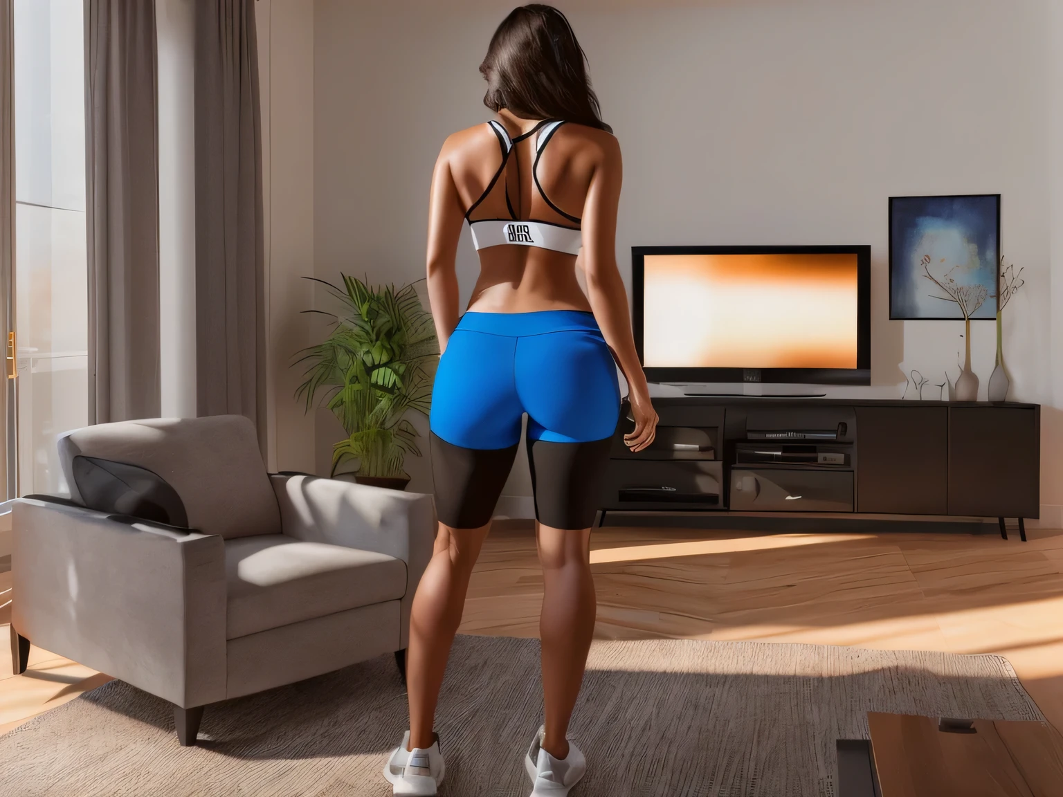 There is a beautiful light tanned brunette woman, dark brown hair, wearing blue shorts and a black tank top, standing in a room facing a TV, working out, back view, full body photo, back photo, rear view, general photo from the back, rear photo, rear view, photo from the back, general photo from the back, view from the back, wearing a black tank top and blue tight shorts, from the back, pose from the back. Woman with white skin, tanned, around 40 years old and dark hair, measuring 164 cm tall and weighing around 55 kg, highly realistic, very elaborate skin, full body photo, clear photo, high quality, high resolution, masterpiece, (photographically realistic), high contrast, masterpiece 16K: 1.3, high resolution, (photographically realistic), NUDE, NUDITY, NFSW.