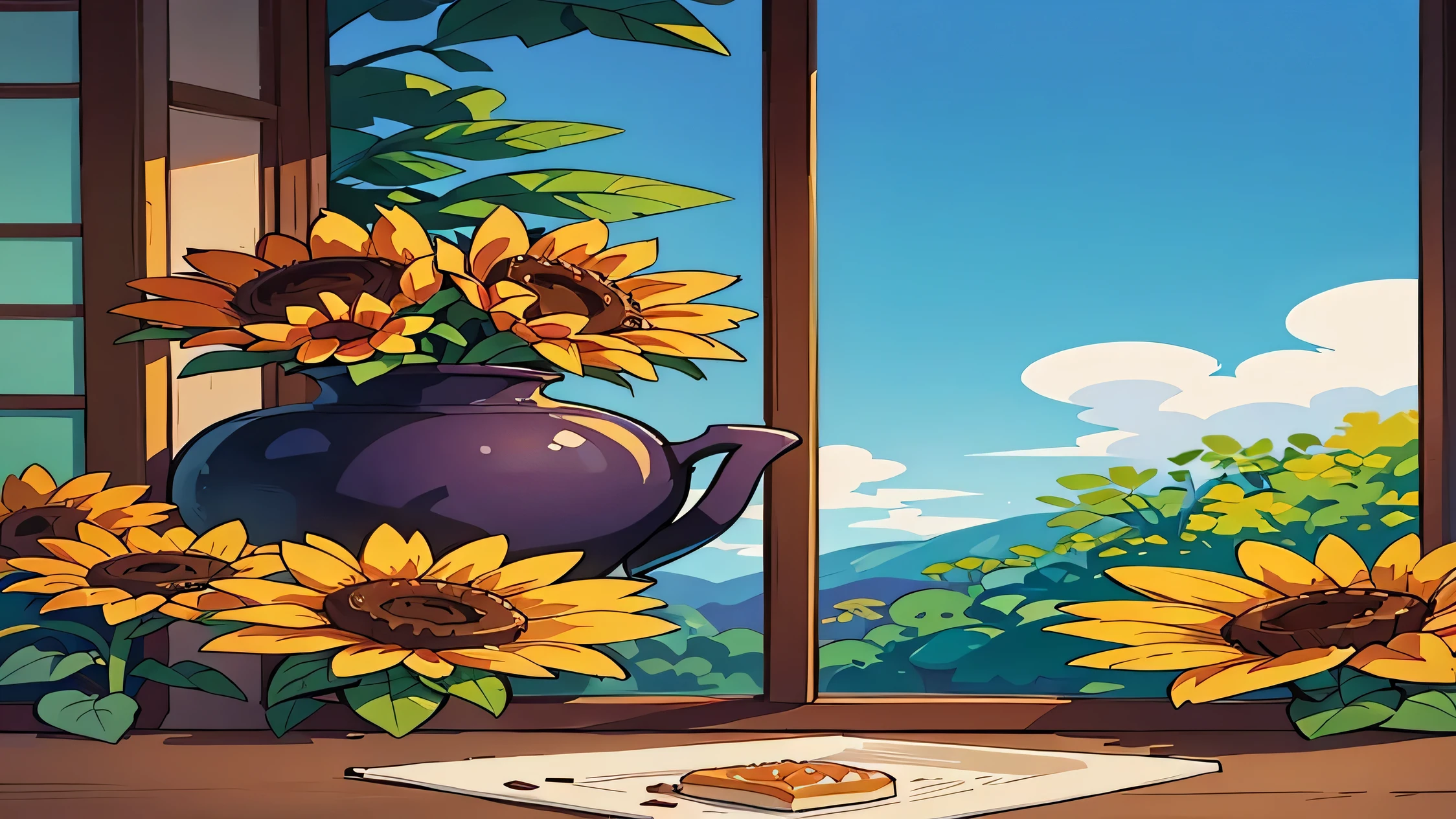 generates the view from the window of a cabin towards a field of sunflowers, en la repisa de la ventana un plato con postre de flan, con una tonalidad de morados y azules en todo el arte generado, highlights the lines or edges of the most important elements in the center, defines the lines next to the very well defined art