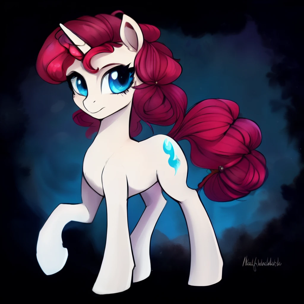 My little pony, unicorn corpse, female,Flattershy, flowers, saving creochka, red mane, Light range of wool color, Light Persian blue eyes,Mark of distinction =  shield,dark fantasy aesthetics, one full length, without items of clothing