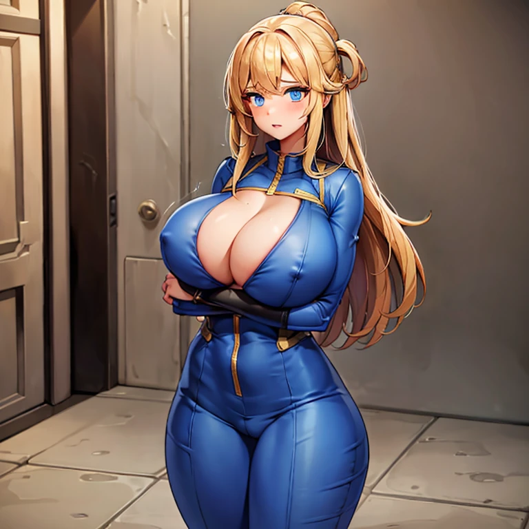 Vault-girl, vault 111 jumpsuit, 1girl, bursting breasts, breast expansion, large breasts, crossed arms, vibrant blue eyes, blushing, long blonde hair,