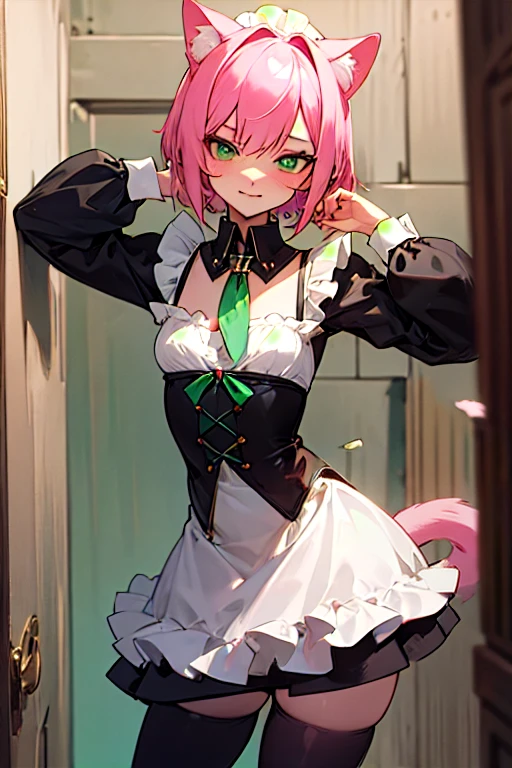 Pink hair, short hair, deep emerald green colored eyes, small breasts, body, short body, large magical collar, slave, cat girl, cat tail, servant, sexy, cute, shy look, tied up, mischievous expression, bratty, short maid dress, thigh high leggings, Lolita maid, green dress, black dress , black outfit, revealing dress, bratty, revealing clothes, servant, indoors, inside a castle, medieval, bratty pose, bratty, arms raised, smiling, smug expression