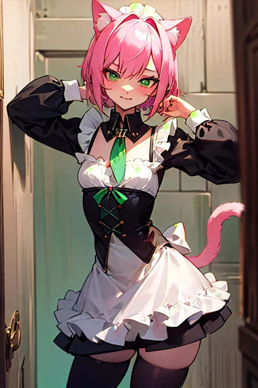 Pink hair, short hair, deep emerald green colored eyes, small breasts, body, short body, large magical collar, slave, cat girl, cat tail, servant, sexy, cute, shy look, tied up, mischievous expression, bratty, short maid dress, thigh high leggings, Lolita maid, green dress, black dress , black outfit, revealing dress, bratty, revealing clothes, servant, indoors, inside a castle, medieval, bratty pose, bratty, arms raised, smiling, smug expression
