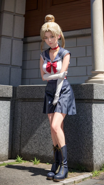 (masterpiece, best quality:1.2), (realistic, photo-realistic:1.4), RAW photo, highres, extremely detailed, intricate details, cinematic lighting, (front view, view from below:1.3), (full body, standing, boots:1.5), (sailor moon, tsukino usagi), solo, 1girl, a female wearing (sailor senshi uniform:1.5), tall girl, (huge breasts:1.4), (long hair, blonde hair, hair bun, twintails:1.4), jewelry, (fabric, white-gloves, darkblue-collar, lowcut-skirt, darkblue-miniskirt, red-choker, red-bow, red-boots:1.3),,detailed face, detailed eyes, pale skin, fine-textured skin,
(peeing self,urination:1.4), (ashamed:1.2), desperate for peeing, wetting her clothes, pee runing down her legs, pee desperation pose, pee desperate face, big urine puddle,
photo background, outdoors, city landscape, buildings, alley, crowd in background, daytime, sunny, in summer,, upskirt view,