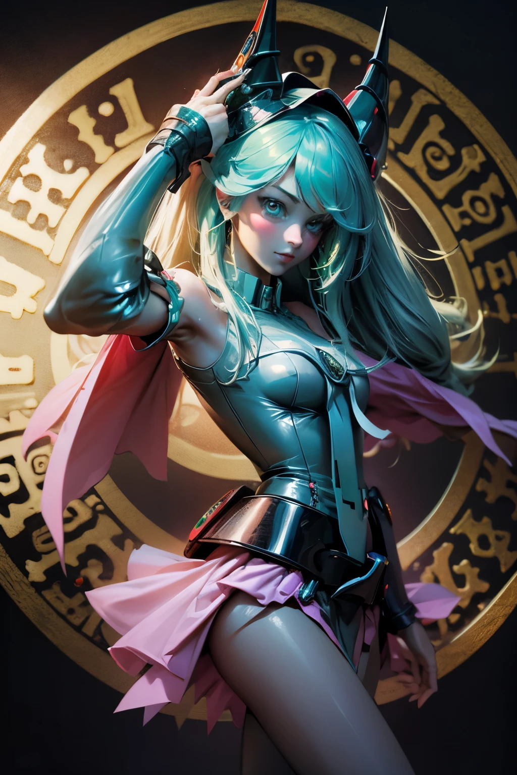 Hatsune Miku disfrazada de dark magician gils. Cabello celeste extra largo. Ojos verdes. Magic Circle Background. Pose sensual y sejustiva.