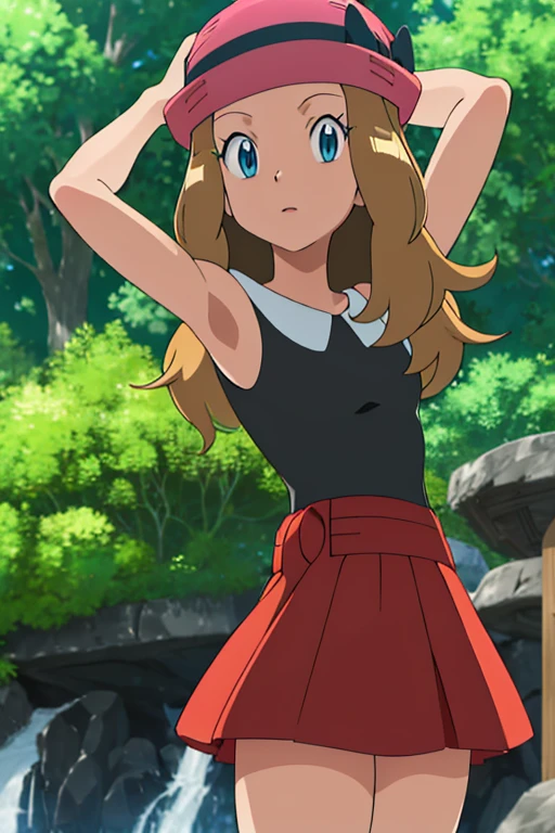 masterpiece, best quality, highres, outdoors, 1girl, solo, serena (pokemon), pink headwear, red skirt, black shirt, bare shoulders, looking at viewer, arms behind head, contrapposto, spread armpit,