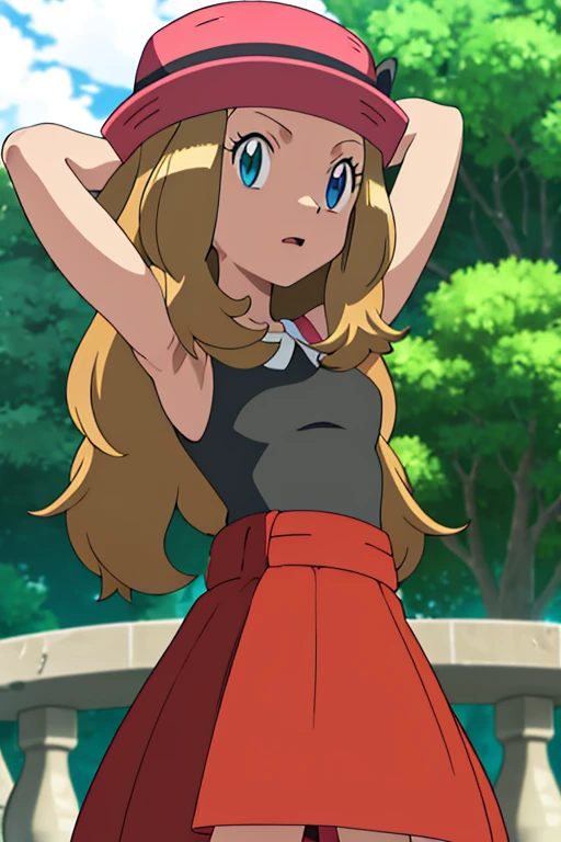 masterpiece, best quality, highres, outdoors, 1girl, solo, serena (pokemon), pink headwear, red skirt, black shirt, bare shoulders, looking at viewer, arms behind head, contrapposto, spread armpit,