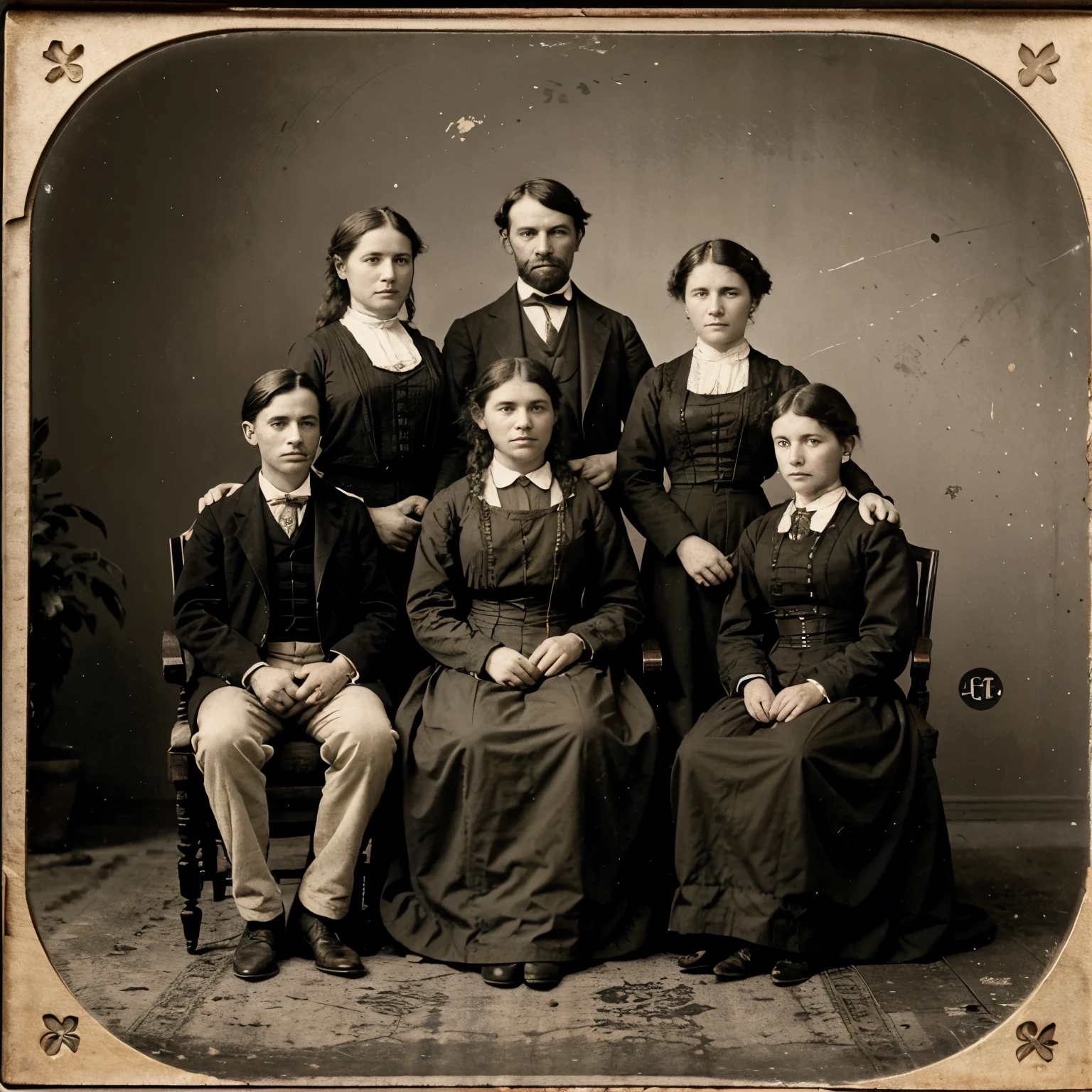 A portrait photo from the 1890s featuring an American settler family. The quality of the photo is consistent with 1890s cameras. The photo has yellowed over time, it has scratches and tears on its edges.