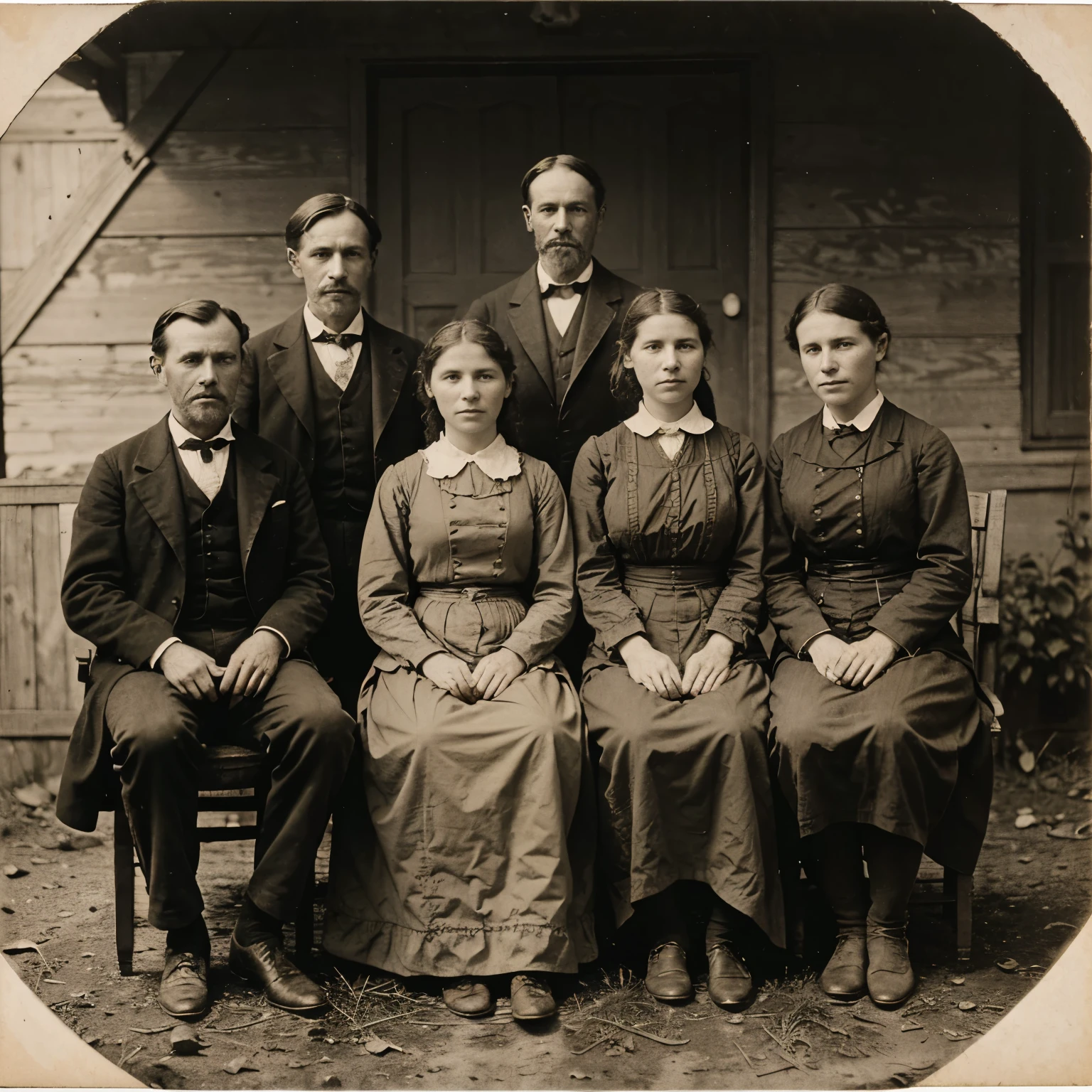 A portrait photo from the 1890s featuring an American settler family. The quality of the photo is consistent with 1890s cameras. The photo has yellowed over time, it has scratches and tears on its edges.