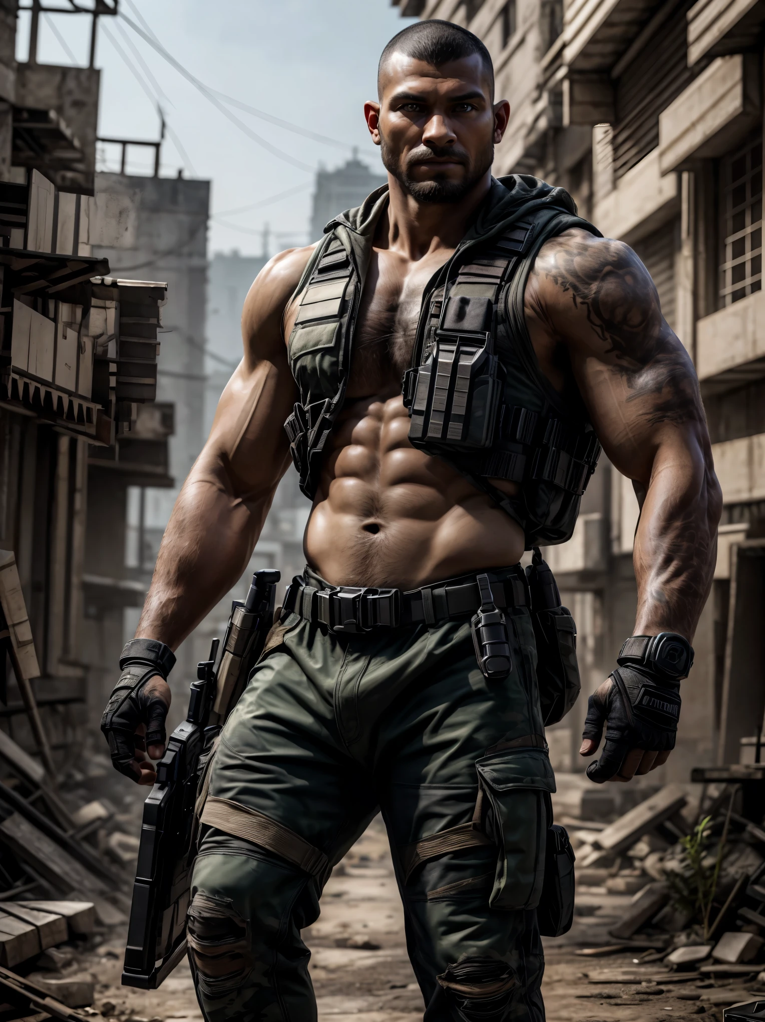 buzz cut, beard, looking at viewer, realistic eyes, black, very dark skin, manly, muscular, bara, abs, tactical vest, camouflage pants, fingerless gloves, tattoo, outdoors, destroyed city, post apocalyptic, | (masterpiece, best quality:1.2), solo, retina, UHD, anatomically correct, textured skin, super detail, high details, high quality, award winning, best quality, highres, 16k, realistic, cinematic lighting, soft shadow, insane detail, detailed background, professional photography, depth of field, intricate, detailed face, subsurface scattering,