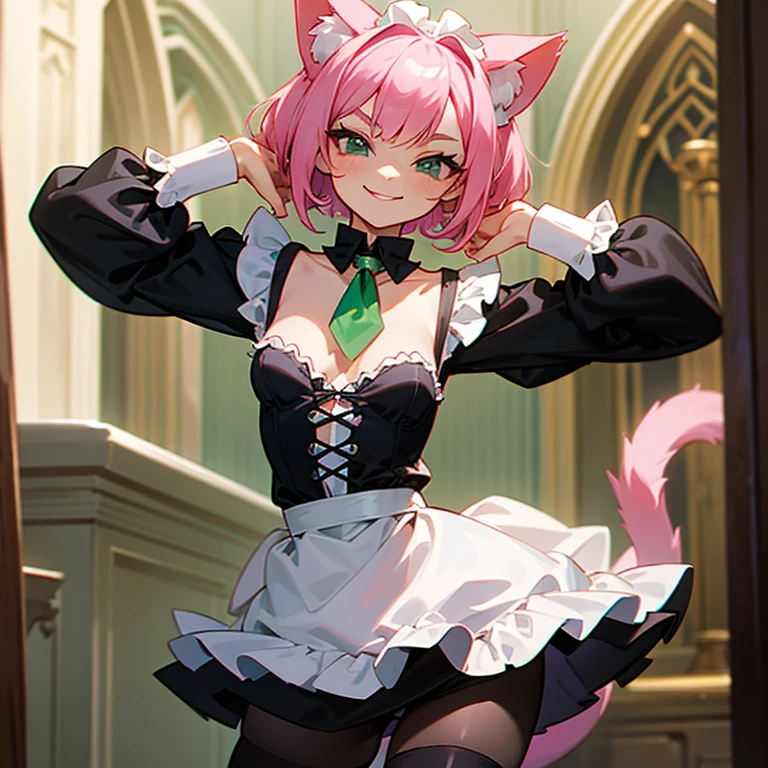 Pink hair, short hair, deep emerald green colored eyes, small breasts, body, short body, large magical collar, slave, cat girl, cat tail, servant, sexy, cute, shy look, tied up, mischievous expression, bratty, short maid dress, thigh high leggings, Lolita maid, green dress, black dress , black outfit, revealing dress, bratty, revealing clothes, servant, indoors, inside a castle, medieval, bratty pose, bratty, arms raised, smiling, smug expression

