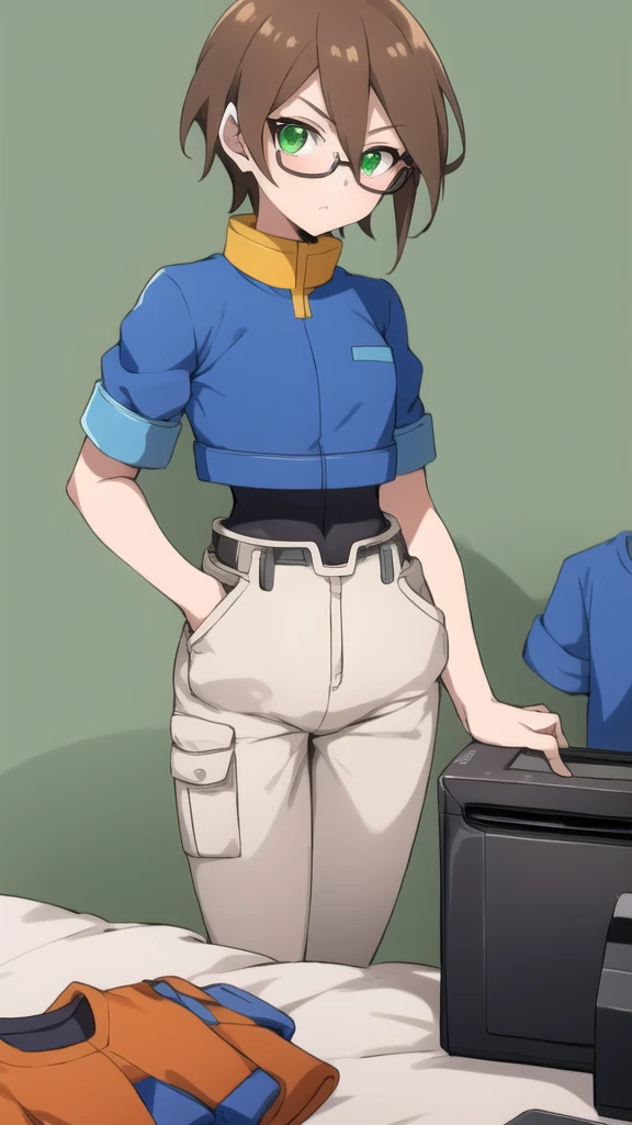 Aile_megamanzx, 1 girl, looking at viewer, Brown hair, green eyes ,bedroom background , Glasses, Cashier Oxxo clothes 