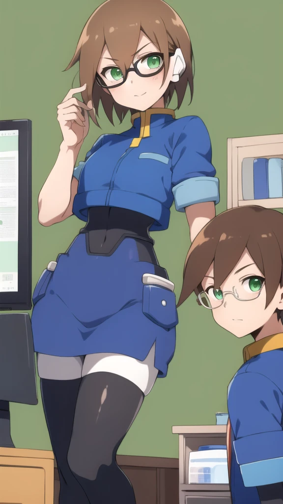 Aile_megamanzx, 1 girl, looking at viewer, Brown hair, green eyes ,bedroom background , Glasses, Cashier Oxxo clothes 