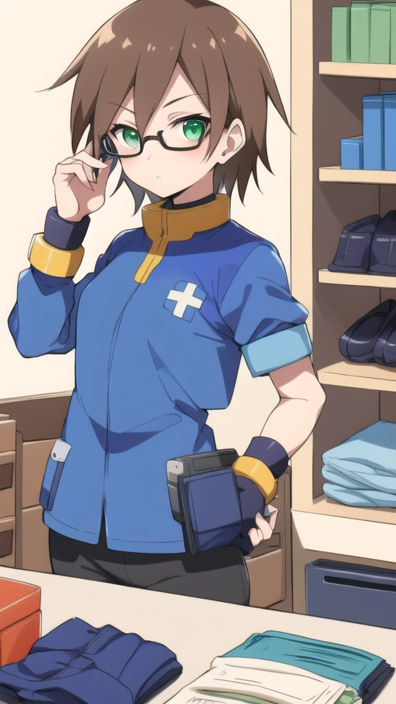 Aile_megamanzx, 1 girl, looking at viewer, Brown hair, green eyes ,bedroom background , Glasses, Cashier Oxxo clothes