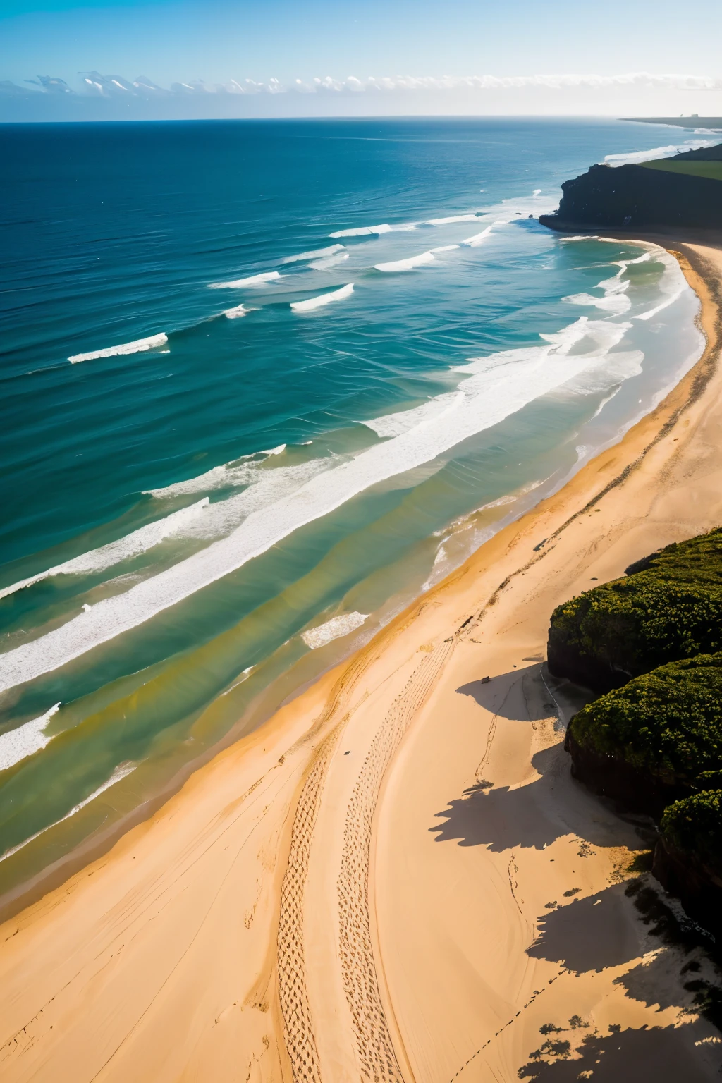 A magnificent landscape on the beach, drawn in a drone view, exala um ambiente de tranquilidade e beleza natural. The sea is bright and blue, com ondas suaves que batem contra a praia de areia branca. The beach is wide and seems to go all the way to the horizon., com palmeiras altas espalhadas por todo o local. O sol pede ao horizonte, giving varied shades of yellow to the waters and sand. The image is a masterpiece, tomada em uma qualidade excepcional, com luz