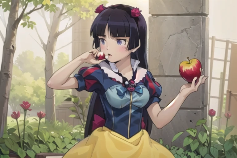 ((masterpiece, highest quality, Very detailed)), (ruri gokou), Hime cut, Long Hair, Blunt bangs, Black Hair,Dramatic lighting, (Grab a poisonous green poison apple), detailed dress, snow white, (red bow), yellow skirt, tight blue corset, yellow dress, field、
