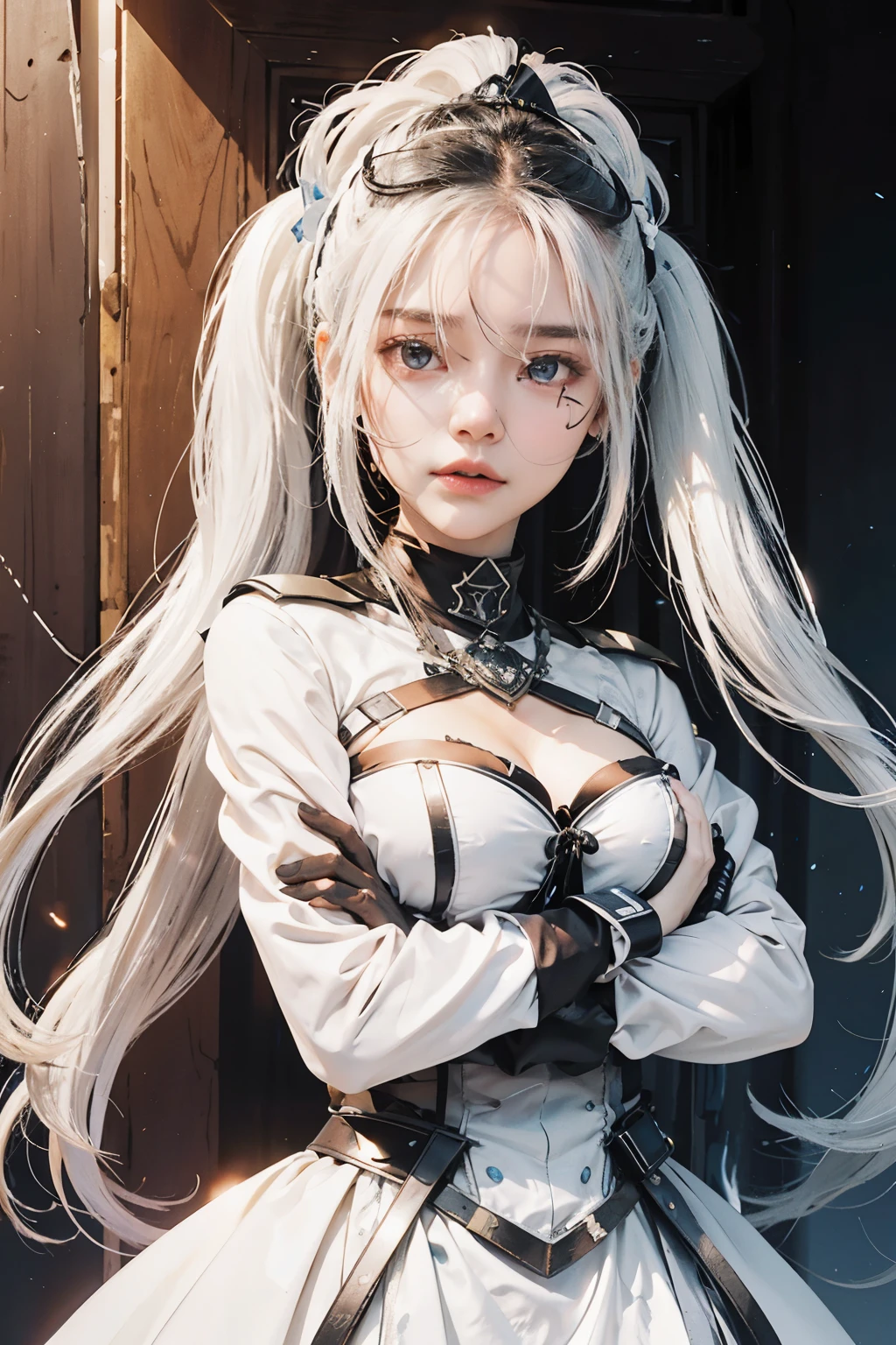 One with white and blue ponytail hair at the ends with a black protective mask, black turtleneck blouse with Free fire effect 