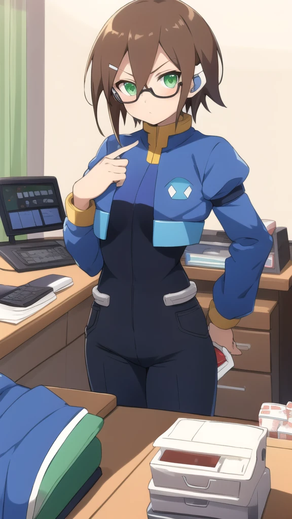Aile_megamanzx, 1 girl, looking at viewer, Brown hair, green eyes ,bedroom background , Glasses, Cashier Oxxo clothes