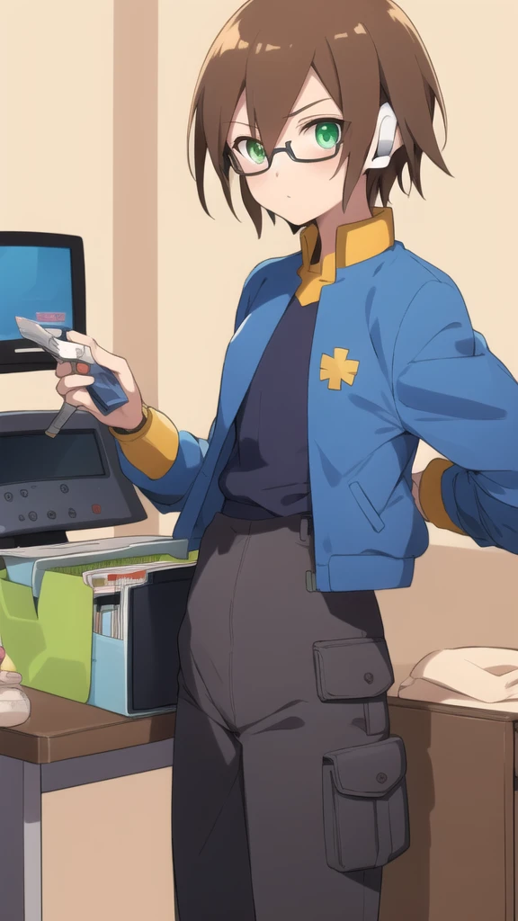 Aile_megamanzx, 1 girl, looking at viewer, Brown hair, green eyes ,bedroom background , Glasses, Cashier Oxxo clothes 