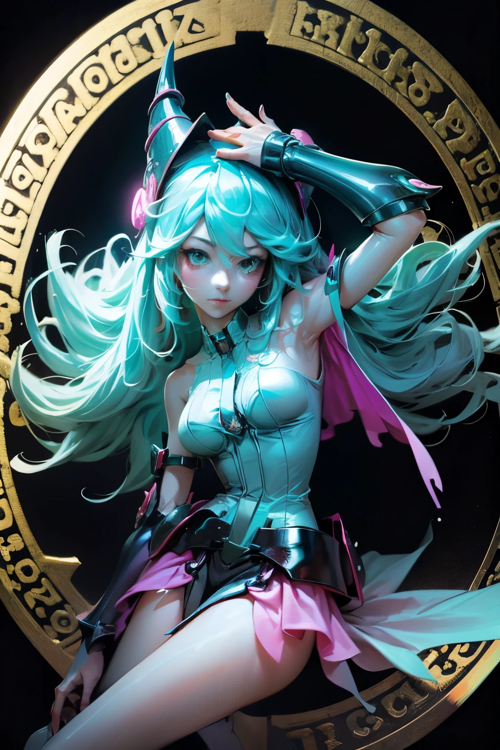 Hatsune Miku disfrazada de dark magician gils. Cabello celeste extra largo. Ojos verdes. Magic Circle Background. Pose sensual y sejustiva.