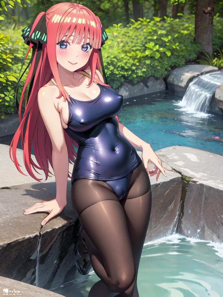 best quality, ultra-detailed masterpiece, nsfw, nino nakano, one-piece swimsuit, breasts, pantyhose, blush, smile, terrace, forest