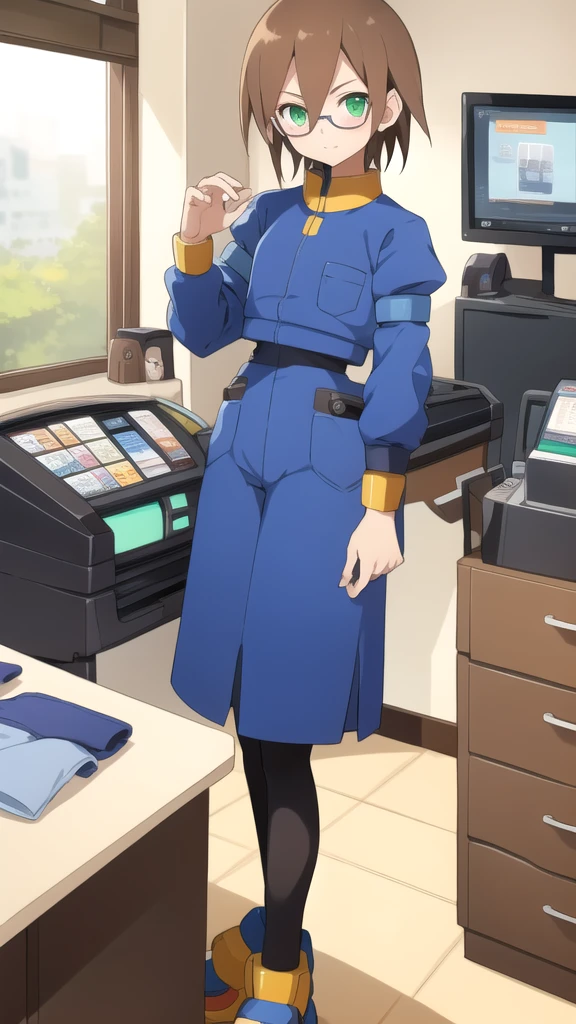 Aile_megamanzx, 1 girl, looking at viewer, Brown hair, green eyes ,bedroom background , Glasses, Cashier Oxxo clothes 
