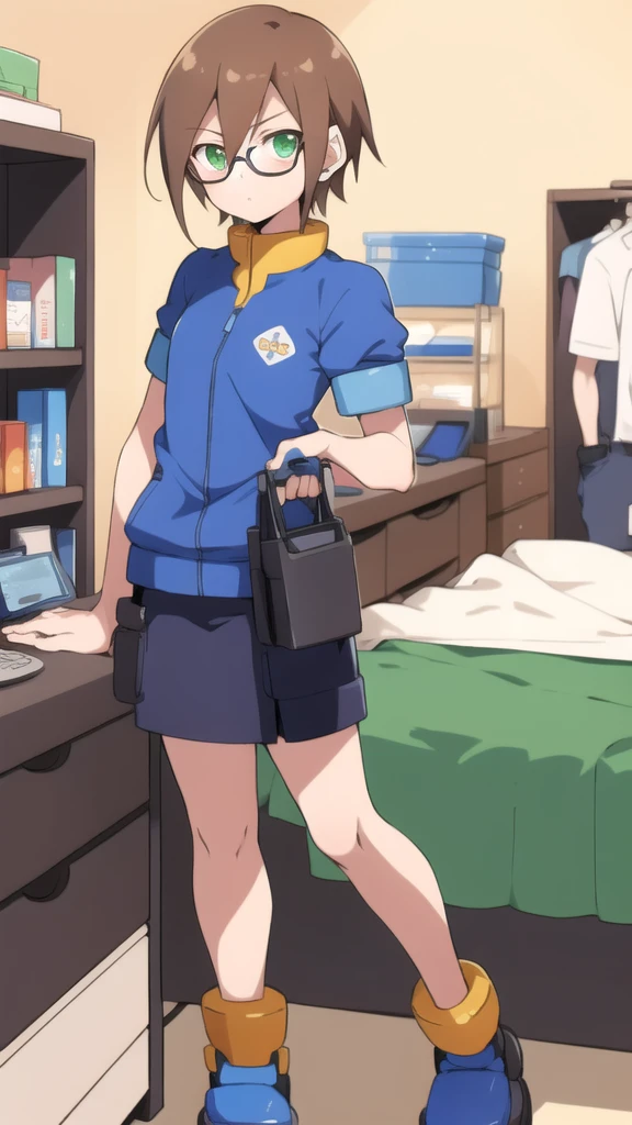 Aile_megamanzx, 1 girl, looking at viewer, Brown hair, green eyes ,bedroom background , Glasses, Cashier Oxxo clothes