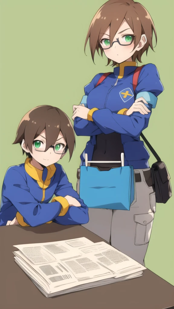 Aile_megamanzx, 1 girl, looking at viewer, Brown hair, green eyes ,bedroom background , Glasses, Cashier Oxxo clothes