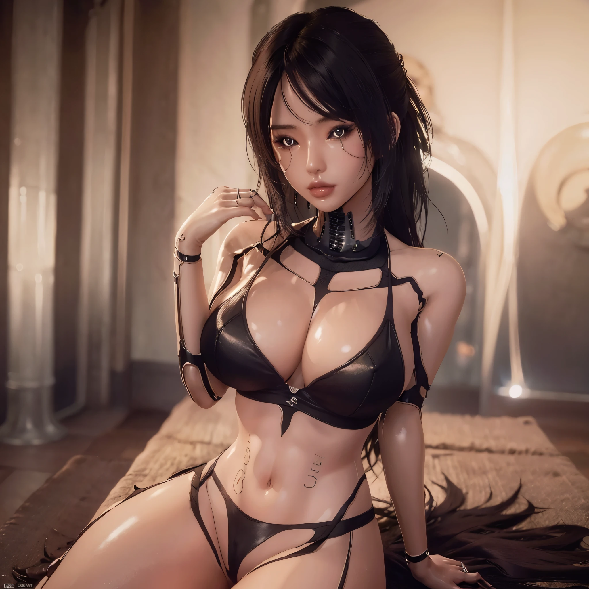 Chica sexy posando con un estilo gotico entre geroglificos donde se puede apreciar una parte futurista en 4k para portada de un single musical iluminati