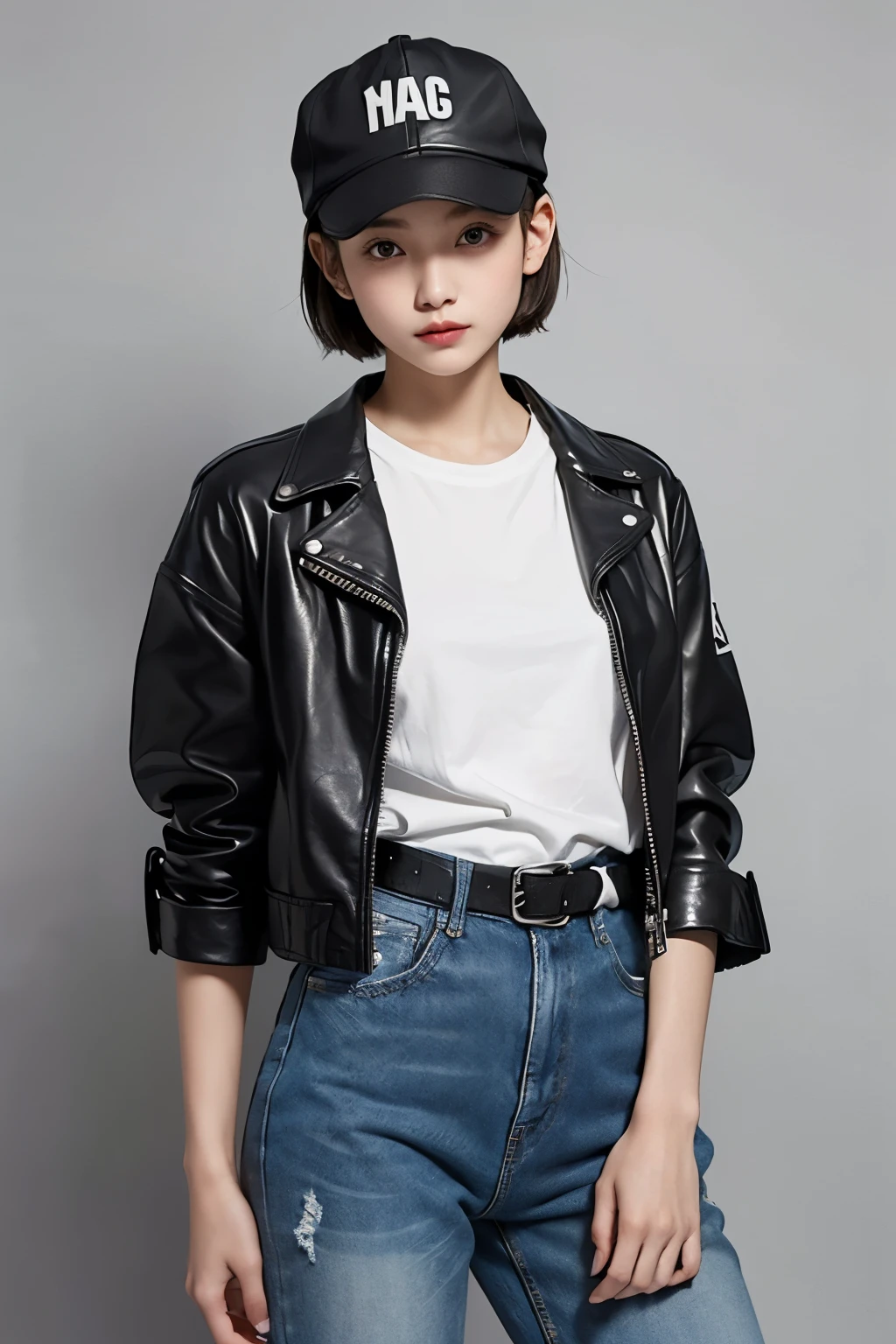 One Girl, (Boyish Girl,Delicate girl:1.3),Black leather jacket,Denim pants,Short Hair,cap,Black socks,White T-shirt,Black belt,