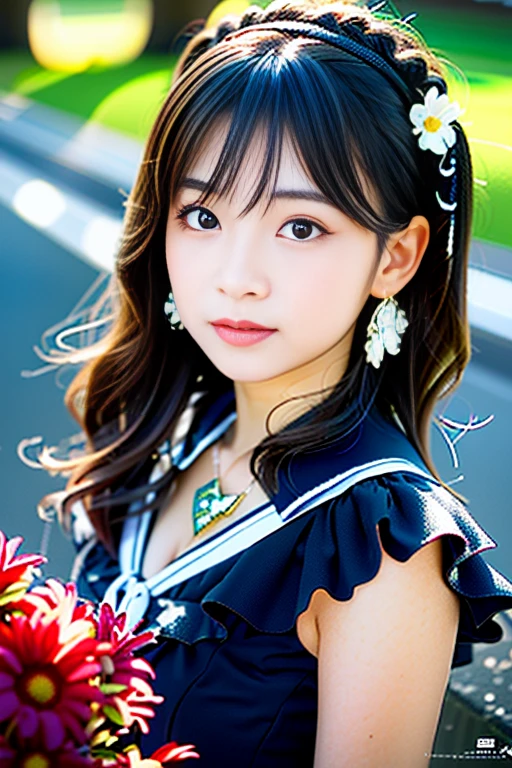 (Highest quality details:1.2), Realistic, 8K Ultra HD, High resolution, Fujifilm(Medium format), Hasselblad, Carl Zeiss, Incredible dynamic range photography(utility_art：Smoose-768:1.1), (One Girl:1.2), Super detailed, High quality textures, Intricate details, detailed, Very detailed CG, High Quality Shadows, detailed Beautiful and delicate face, detailed Beautiful and delicate eyes, Depth of written boundary, Ray Tracing, 14 years old, Cute Japanese Girl, Narrow Face, Glossy lips, Glowing Eyes, Perfect body, View the viewer, (Jewelry Earrings), (Eye Color: Brown), (Bright red flower hair ornament), (Long white hair), (Layered Hairstyles), (Black Gothic Lolita:1.5), Fashion Model Style, Small breasts