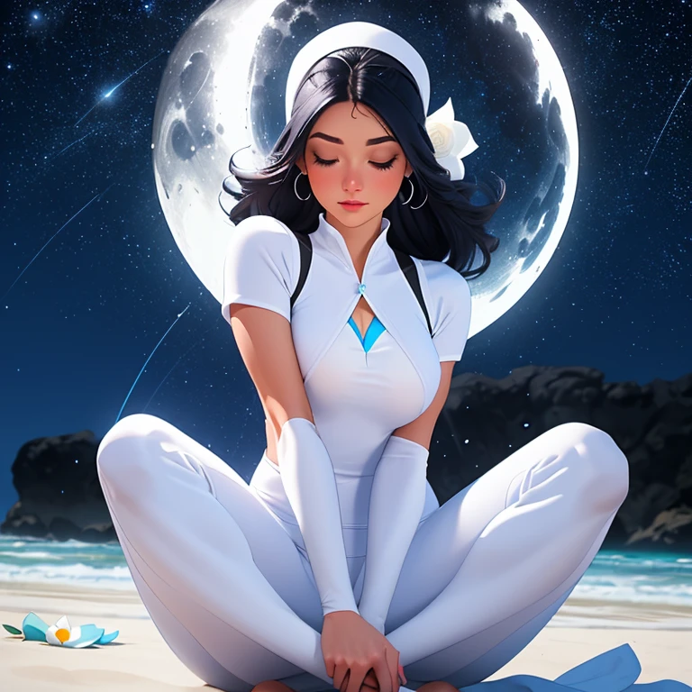 mulher meditando de frente a praia, cabelos cacheado cor preto, white yoga jumpsuit outfit, Starry sky with moon, (raining several petals in white color, azul, rosa , roxa), neon